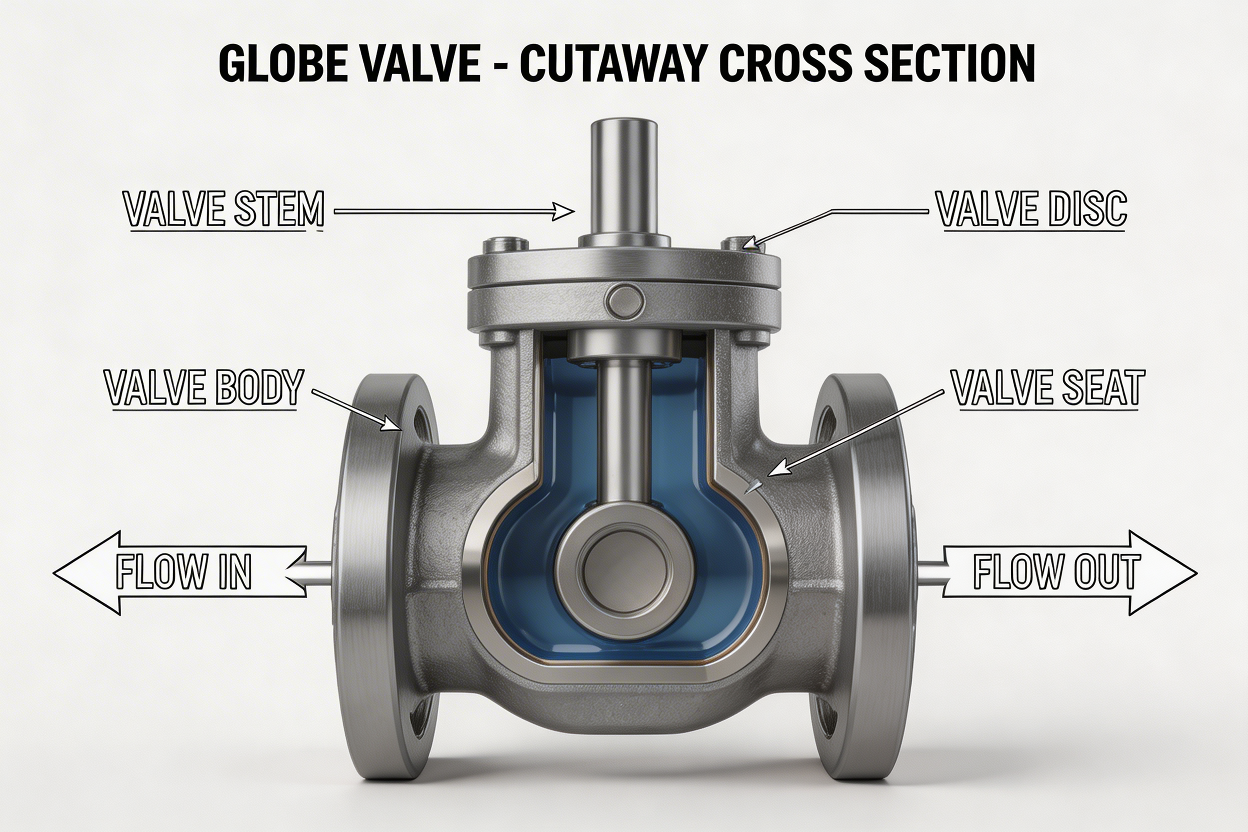 Globe valve internal structure cross section showing disk seat and stem components for industrial flow control